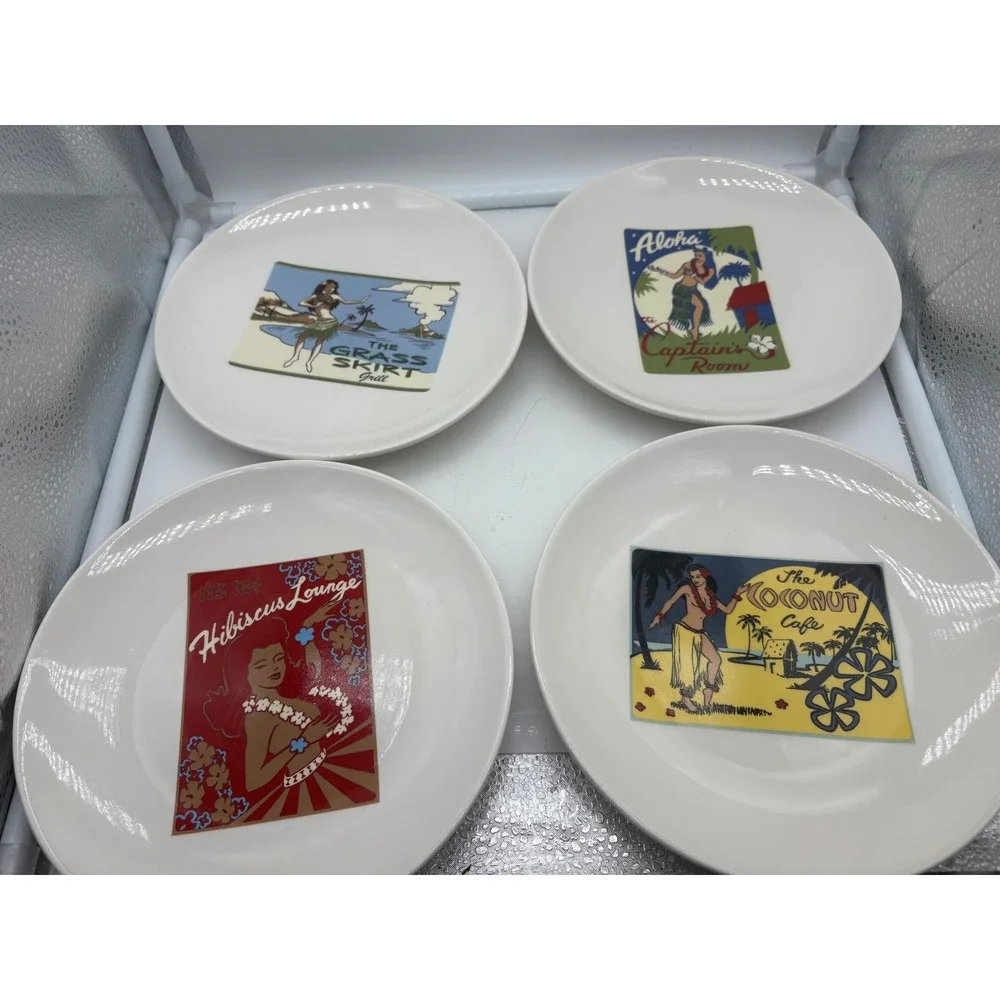 Pottery Barn Aloha Girls Dessert Plates Set of 4 Hawaiian Hula Tiki Bar 8